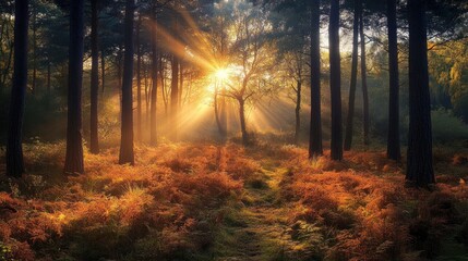 Fototapeta premium Capture a serene forest scene at sunrise, with light filtering through the trees.