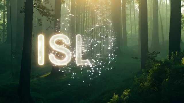 A forest with a glowing word that says Islam. The word is in white letters on a green background