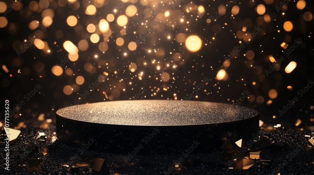 Fototapete A captivating display of golden particles cascades down onto a textured dark platform, creating a mesmerizing atmosphere. The shimmering effect evokes a sense of celebration and elegance.