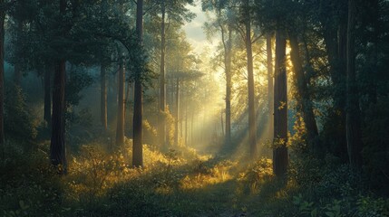 Obraz premium Capture a serene forest scene at sunrise, with light filtering through the trees.