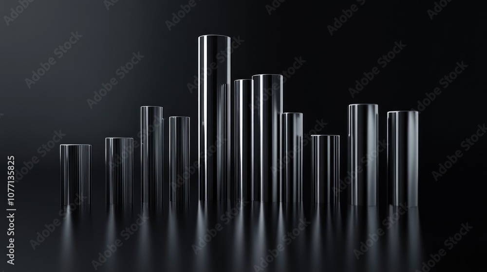 Poster abstract representation of data visualization with metallic cylinders of varying heights arranged on