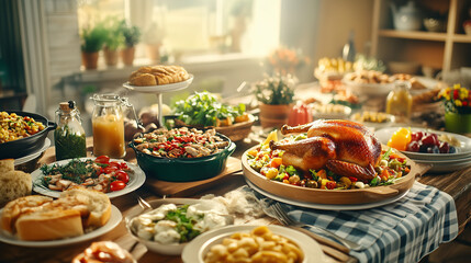 Obraz premium Thanksgiving table setting with roasted turkey and various dishes