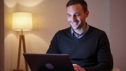 Smiling Man Working on Laptop in modern office, exuding confidence and professionalism.