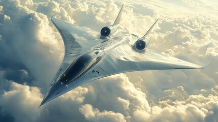 A futuristic, sleek, and silver fighter jet flies through a cloudy sky at sunset.