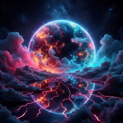 4K Background ,Colorful Landscape Art, Earth Planet , Magic, Neon Lights, 3D Nature,  for Youtube thumnail or background video or music cover art , or home decor
