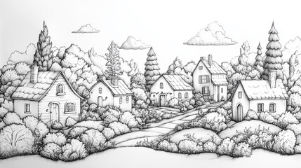 Naklejka premium Intricate Line Drawing of a Whimsical Town - town illustration