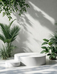Obraz premium Serene Indoor Podium Surrounded by Nature: A Harmonious Blend of Organic Elements and Soft Sunlight for Captivating Product Presentations