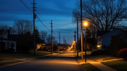 Fototapeta premium Tranquil Evening Street Scene with Soft Streetlights Illuminating a Quiet Neighborhood, Capturing the Serene Atmosphere of Dusk in Urban Life