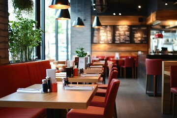 Cozy restaurant interior with red seats and warm lighting