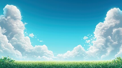 Fototapeta premium A bright blue sky dotted with fluffy, white cumulus clouds, casting soft shadows on the landscape below, conveying a sense of peace and tranquility.