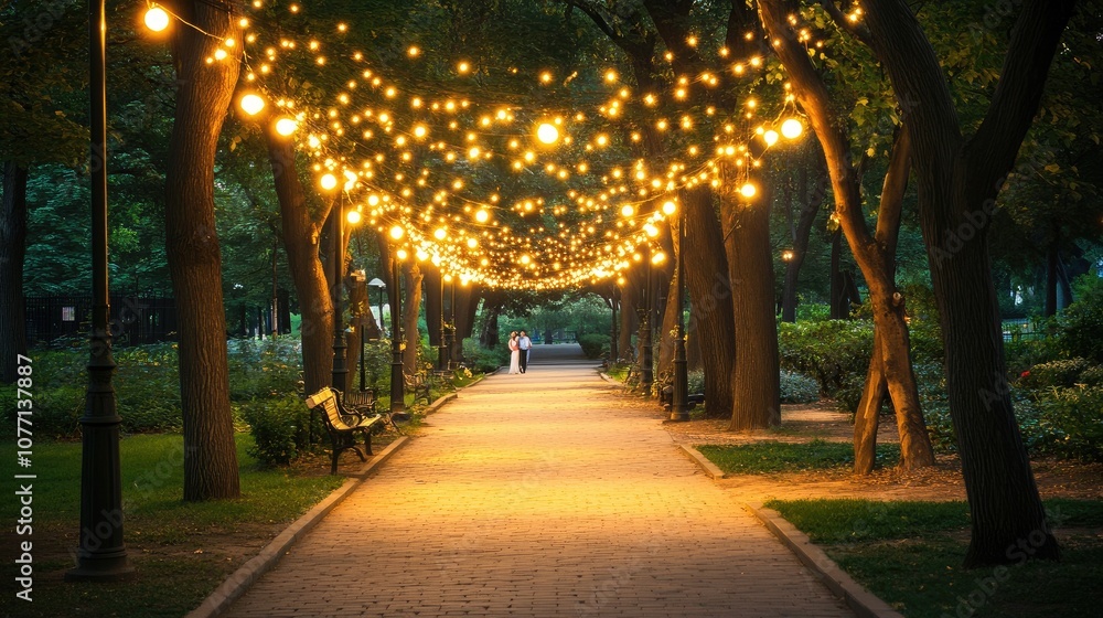 Poster enchanting evening stroll under glowing string lights in a serene park setting with lush greenery an