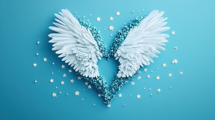 Fototapeta premium A delicate heart with ethereal wings, adorned with shimmering jewels and surrounded by glowing stars, evoking a sense of magic, dreams, and spiritual love.
