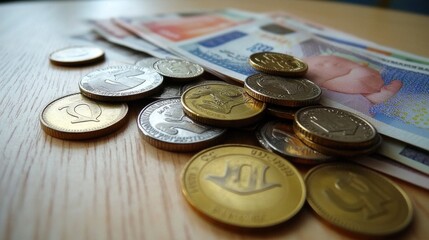 Close-Up View of Various Coins and Banknotes on a Wooden Table, Showcasing a Mix of Currency Notes and Coins from Different Countries for Financial Concepts