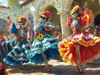 Mexican dancers in colorful costumes performing in Day of the Dead