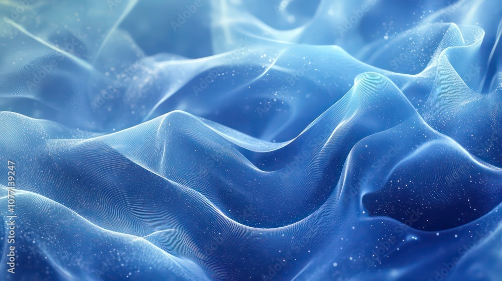 Poster abstract blue and white waves with shimmering particles.