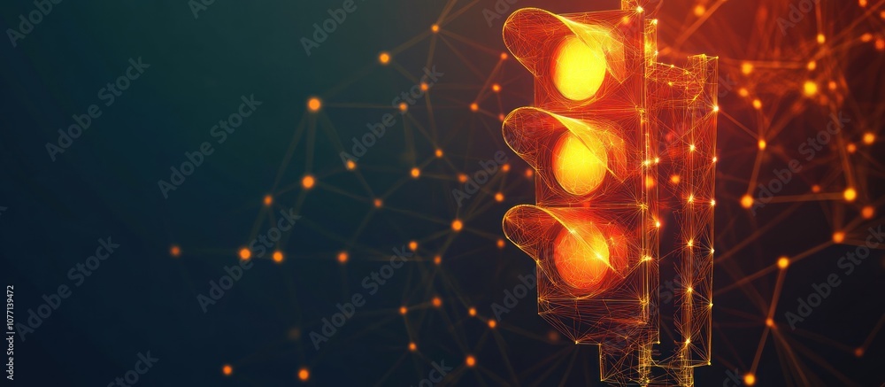 Poster orange traffic light low poly wireframe banner template. 3d get ready sign, wait signal with connect