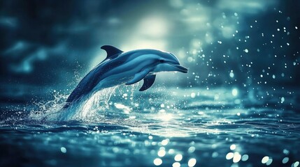 Obraz premium Graceful Dolphin Leaping from the Ocean in a Gleaming Spray of Water Amidst a Dreamy Blue Background and Radiant Light Reflections