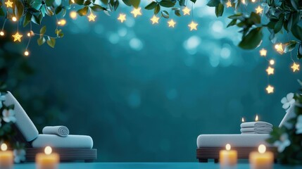A cartoon spa setting with a relaxed character enjoying a massage, surrounded by candles, flowers, and five stars, emphasizing tranquility, rejuvenation, and a luxurious spa experience.
