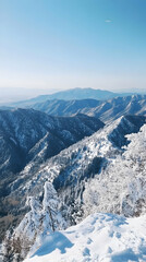 A panoramic view of snow-capped mountains, with a clear blue sky and distant peaks.