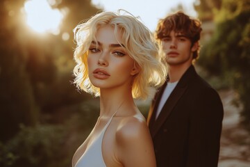 Fototapeta premium Golden hour portrait of two models in a stunning outdoor setting at sunset