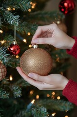 Decorating a Christmas tree with a handmade ornament in a cozy indoor setting during winter