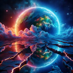 4K Background ,Colorful Landscape Art, Earth Planet , Magic, Neon Lights, 3D Nature,  for Youtube thumnail or background video or music cover art , or home decor
