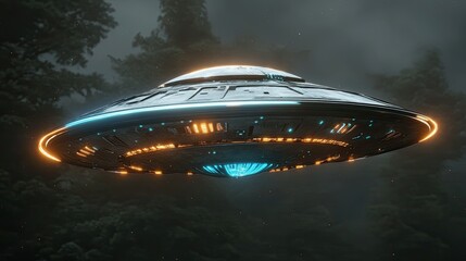 Obraz premium UFO spacecraft flying over a forest at dusk.