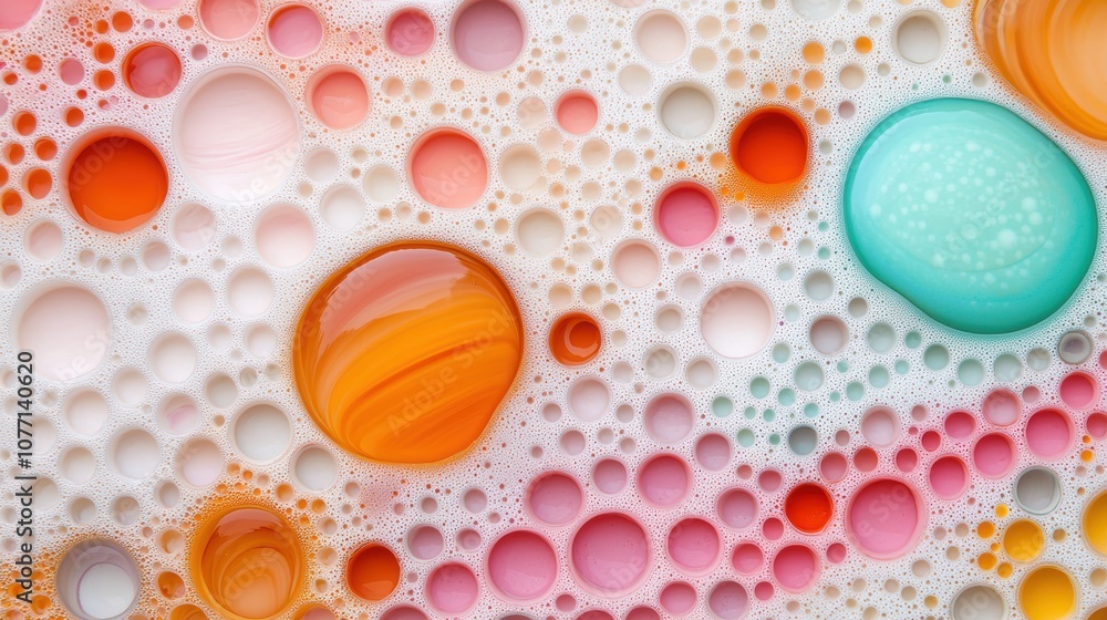 Poster macro shot of oil bubbles forming intricate patterns and shapes, resembling abstract art with a focu