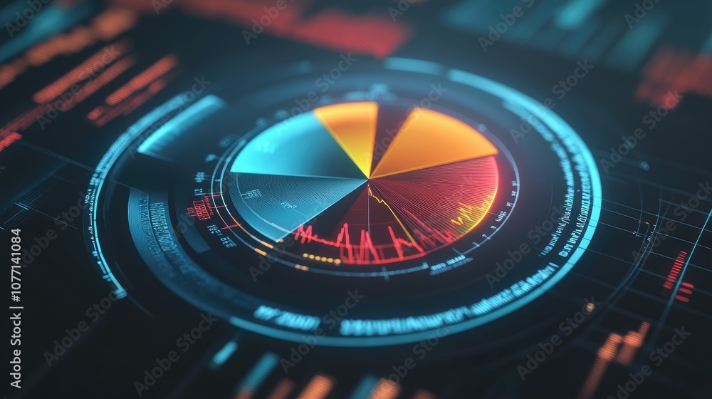 Poster colorful circular data visualization with dynamic graph elements and bright segments representing st