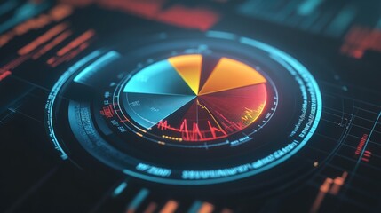 Obraz premium Colorful Circular Data Visualization with Dynamic Graph Elements and Bright Segments Representing Statistical Information in a Futuristic Style