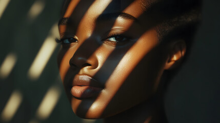 A striking portrait photo that captures a serene expression, strong highlights, and contrasting shadows, with soft tones that complement the subject’s unique personality and mood 