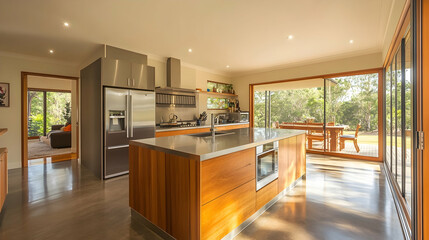 Fototapeta premium Modern kitchen with stainless steel appliances, wooden cabinets, and a large island.