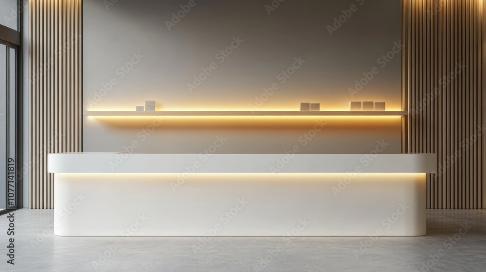 Poster empty white counter in a minimalist retail store with subtle lighting, ideal for displaying products