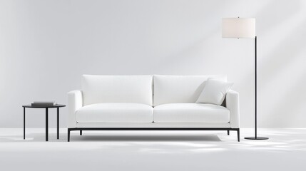 A sleek white sofa with clean lines and a low profile, paired with a minimalist black coffee table and a simple floor lamp, embodying minimalist design principles.