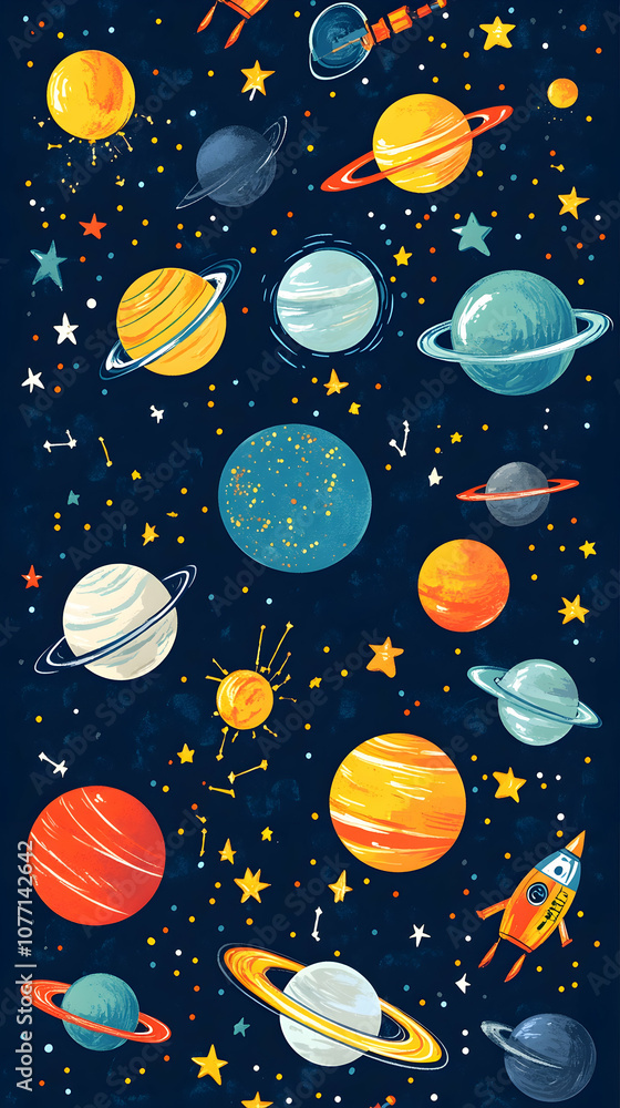 Poster a seamless pattern with planets, stars, and a rocket in space.