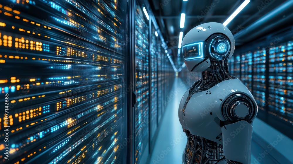 Aufkleber AI Robot Engaging in Version Control and Revision History Tracking in Futuristic Data Center at Night