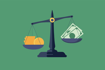 Vector illustration of scale with coins and money bills on green background.