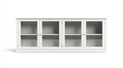 Obraz premium Modern white cupboard with glass doors and simple hardware, isolated on a white background, perfect for displaying kitchen or living room storage ideas.