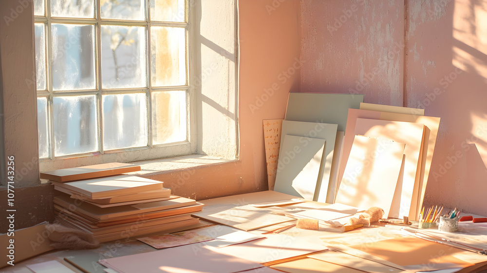 Poster sunlight streams through a window onto a worktable with art supplies.