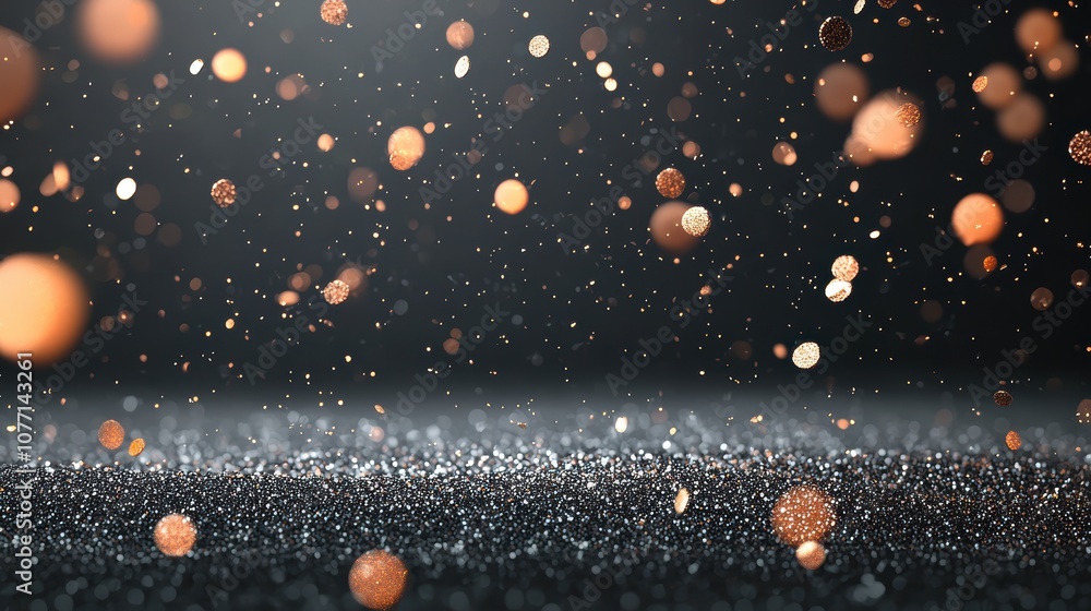 Poster a black background with scattered, out of focus gold particles, creating a subtle bokeh effect.