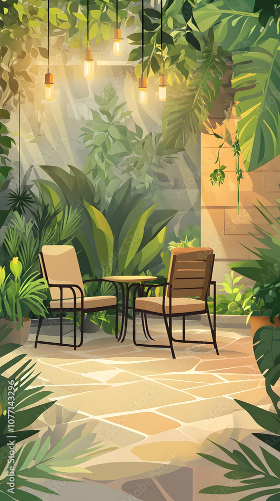 Poster romantic patio setting with lush greenery and string lights.