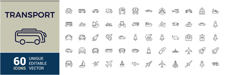 Transport icon set. Related to station, bike, airport, transportation, air, helicopter and more. Thin outline icons pack. Vector illustration in modern line style. © Rubbble