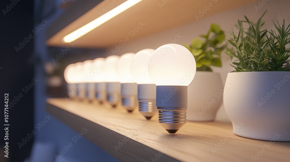 Poster a row of modern light bulbs illuminating a stylish shelf with greenery and elegant white pots in a c