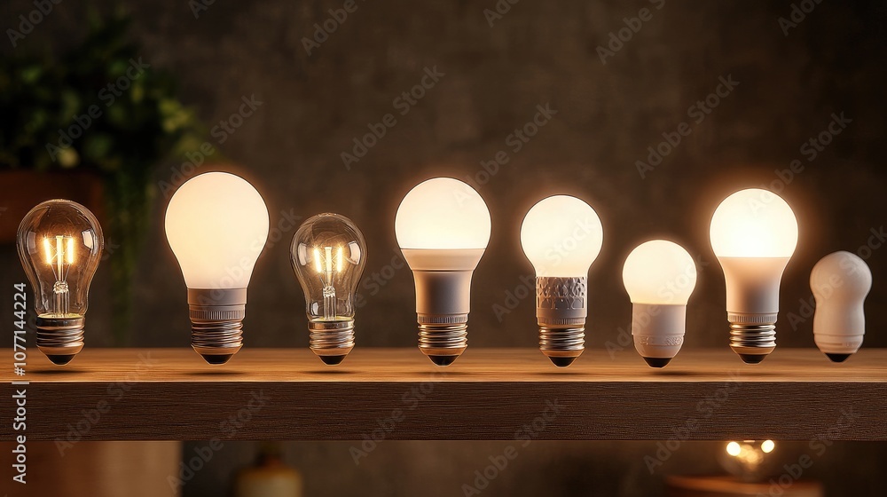 Aufkleber a row of light bulbs showing different designs and brightness levels on a wooden shelf with a softly