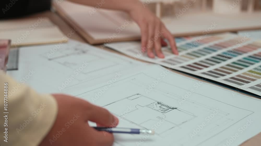 Poster slow motion interior designer using architectural equipment draw a blueprint while interior designer