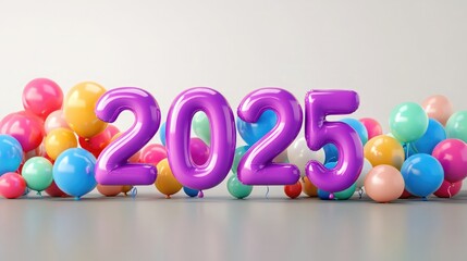 A vibrant collection of balloons featuring the number 2025 in glossy colors, set on a colorful background.