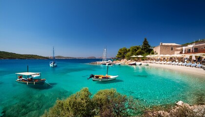 Obraz premium Seaside Escape: Turquoise Waters, Boats, and Cozy Greek Taverna Vibes