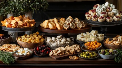A table filled with a variety of appetizers, including cheese, olives, crackers, and pastries.