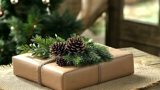 A rustic gift box wrapped in brown kraft paper, tied with twine and decorated with pinecones and fresh greenery, placed on a textured burlap cloth, celebrating eco-friendly gifting
