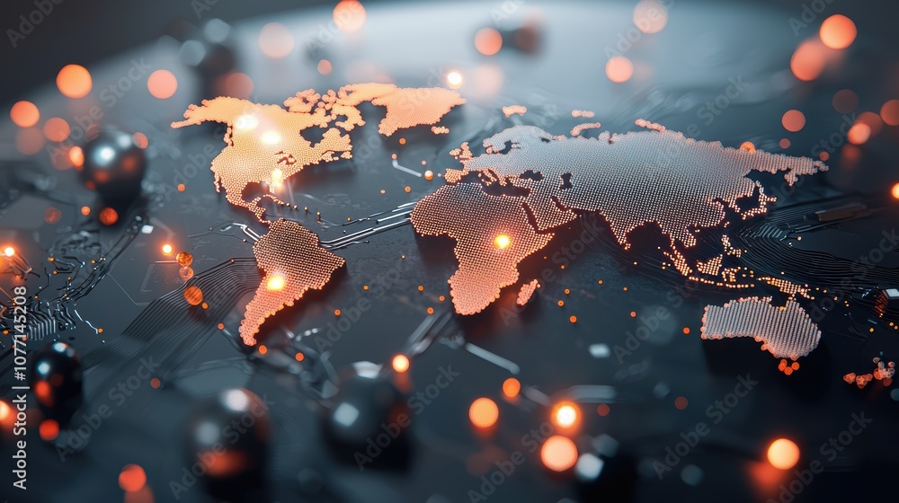 Poster a world map with glowing dots representing centers of ai research and development, highlighting the 